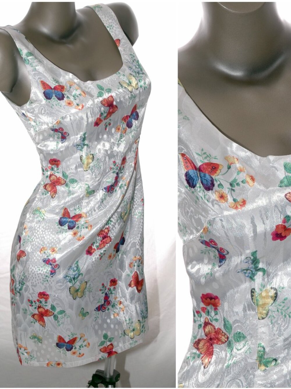 Sleeveless Butterfly & Flowers Mini Dress Shiny Shimmery Womens 8 Vintage